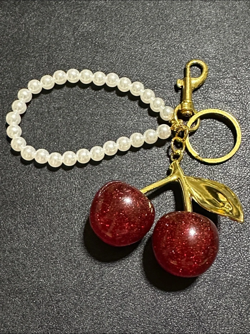 223.  Cherry Gold Tone Key Chain / Bag Charm With Faux Pearl Wrist Strap